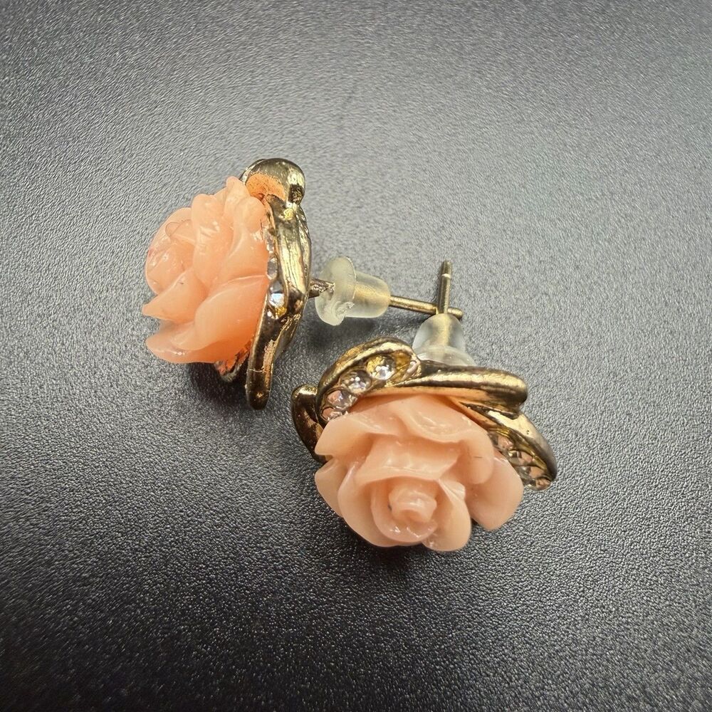 Vintage Peach Rose Stud Earrings with Gold Tone Leaf Trim and Clear Rhinestones